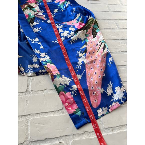 Women's Satin Royal Blue Pink and Cream Floral Bird Kimono Robe Knee Length - Picture 4 of 4